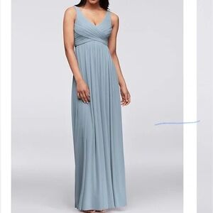 David’s Bridal F15933 Long Mesh Dress with Cowl Back Detail — Dusty Blue Size 10